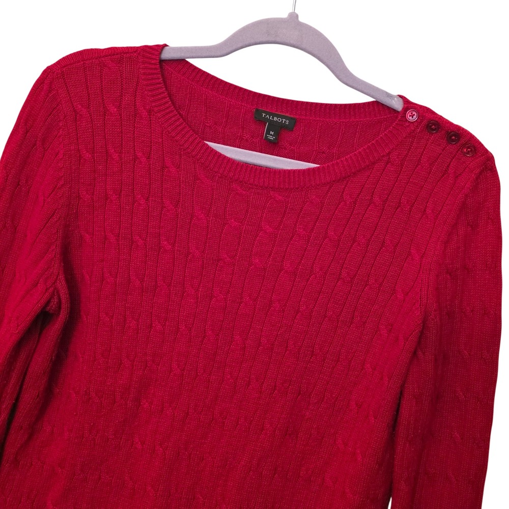 Talbots Womens Red Cable Knit Lambswool Blend Button Shoulder Sweater Size M
